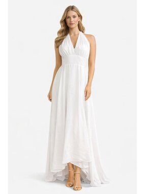 White Halter Chiffon Maxi Dress Open Back Flowing Formal Size 6